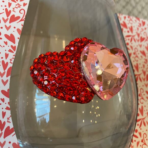 Valentines Day Jeweled HEARTS Stemless Wine Glasses Set of 2 Red & Pink New - Picture 9 of 14